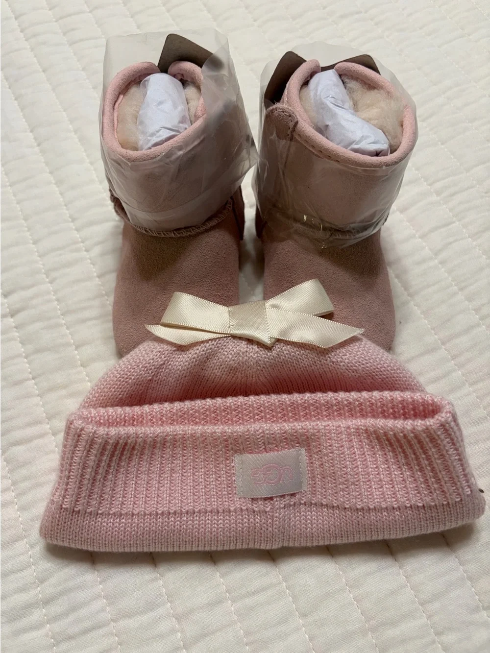 UGG Baby Girls Pink Knit Bow Beanie and UGG Suede Booties Set
